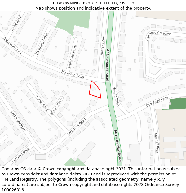 1, BROWNING ROAD, SHEFFIELD, S6 1DA: Location map and indicative extent of plot