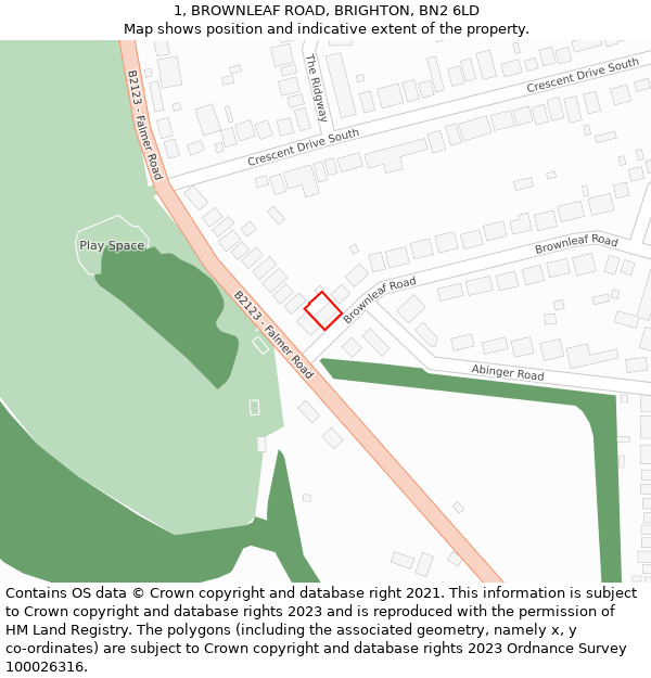 1, BROWNLEAF ROAD, BRIGHTON, BN2 6LD: Location map and indicative extent of plot