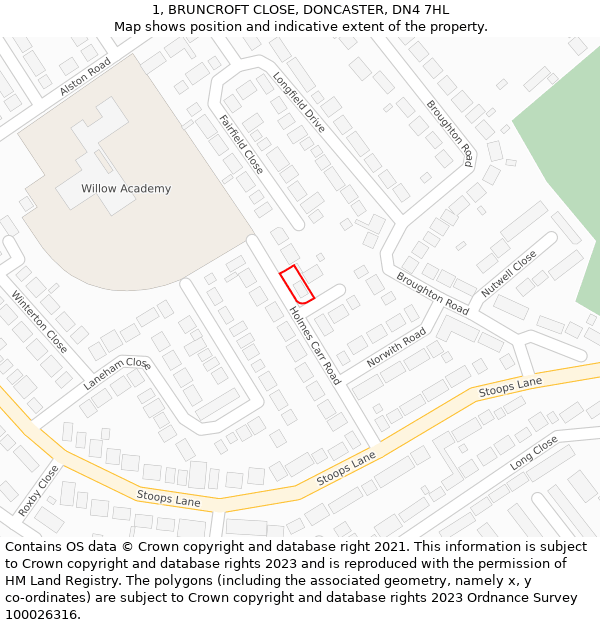 1, BRUNCROFT CLOSE, DONCASTER, DN4 7HL: Location map and indicative extent of plot