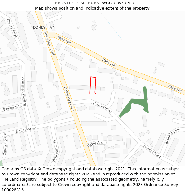 1, BRUNEL CLOSE, BURNTWOOD, WS7 9LG: Location map and indicative extent of plot