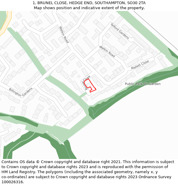 1, BRUNEL CLOSE, HEDGE END, SOUTHAMPTON, SO30 2TA: Location map and indicative extent of plot