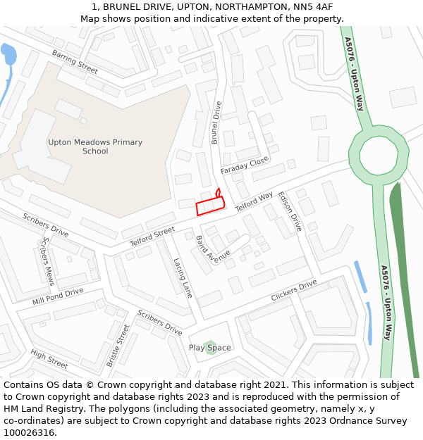 1, BRUNEL DRIVE, UPTON, NORTHAMPTON, NN5 4AF: Location map and indicative extent of plot