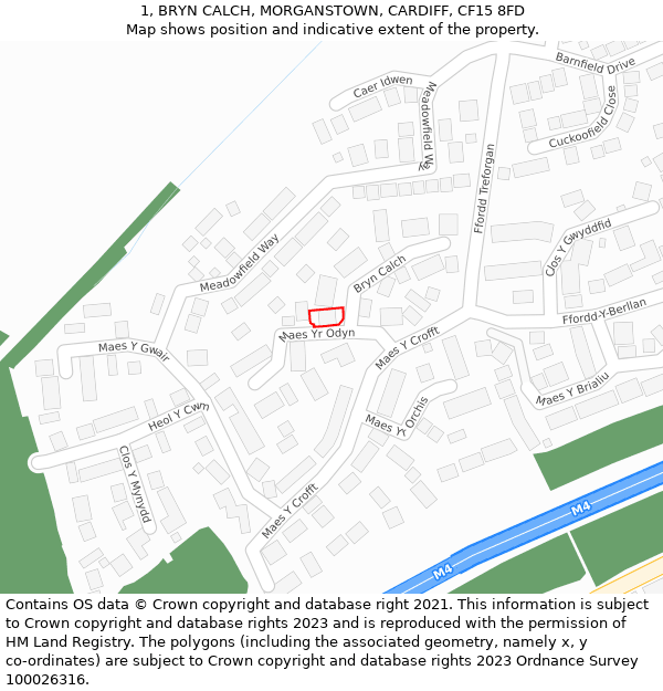 1, BRYN CALCH, MORGANSTOWN, CARDIFF, CF15 8FD: Location map and indicative extent of plot