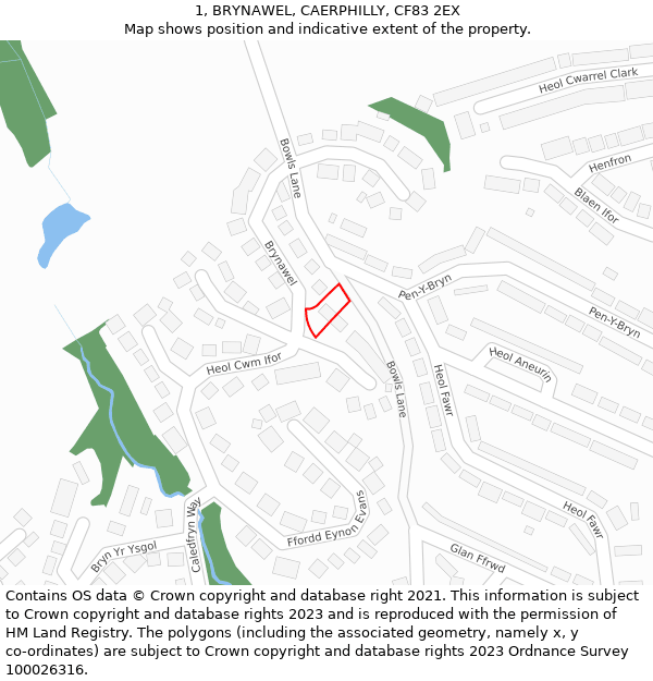 1, BRYNAWEL, CAERPHILLY, CF83 2EX: Location map and indicative extent of plot