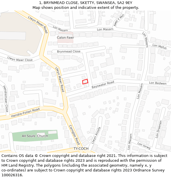 1, BRYNMEAD CLOSE, SKETTY, SWANSEA, SA2 9EY: Location map and indicative extent of plot