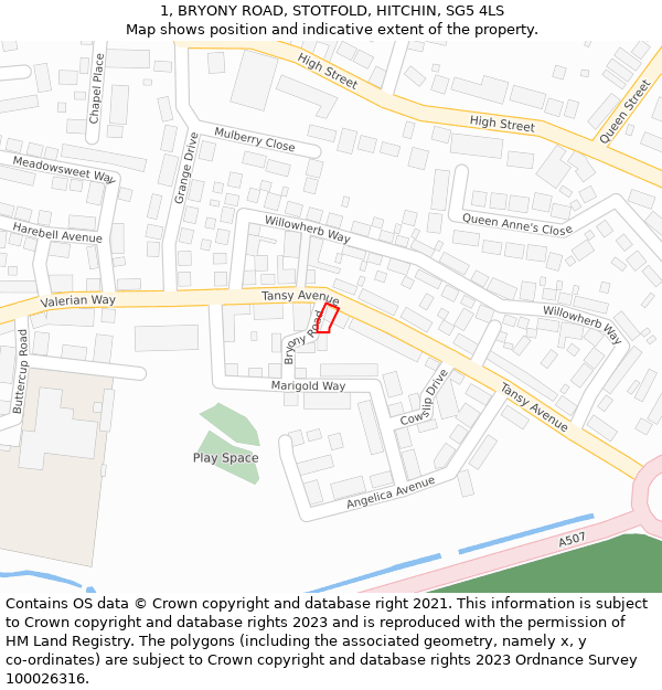 1, BRYONY ROAD, STOTFOLD, HITCHIN, SG5 4LS: Location map and indicative extent of plot