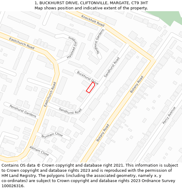 1, BUCKHURST DRIVE, CLIFTONVILLE, MARGATE, CT9 3HT: Location map and indicative extent of plot