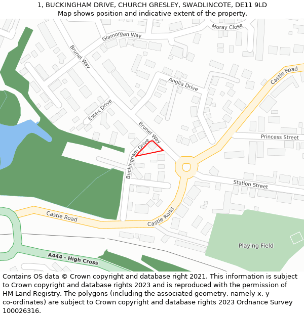 1, BUCKINGHAM DRIVE, CHURCH GRESLEY, SWADLINCOTE, DE11 9LD: Location map and indicative extent of plot