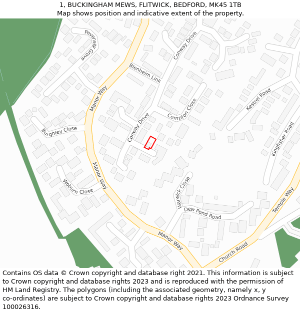 1, BUCKINGHAM MEWS, FLITWICK, BEDFORD, MK45 1TB: Location map and indicative extent of plot