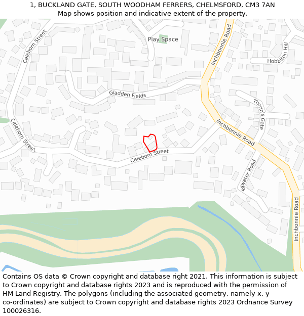 1, BUCKLAND GATE, SOUTH WOODHAM FERRERS, CHELMSFORD, CM3 7AN: Location map and indicative extent of plot