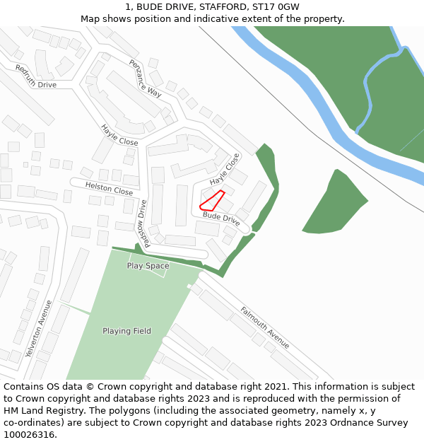 1, BUDE DRIVE, STAFFORD, ST17 0GW: Location map and indicative extent of plot