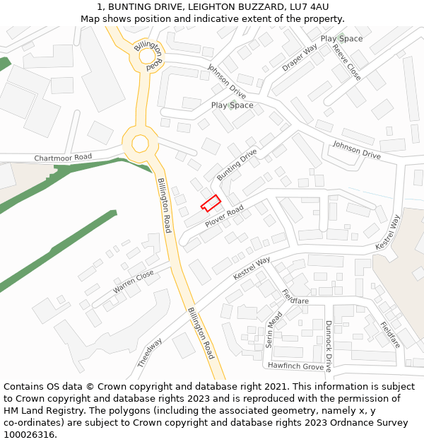 1, BUNTING DRIVE, LEIGHTON BUZZARD, LU7 4AU: Location map and indicative extent of plot