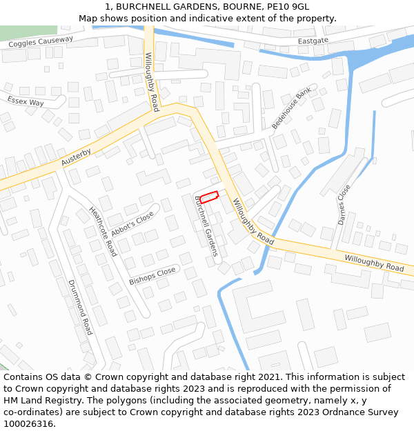 1, BURCHNELL GARDENS, BOURNE, PE10 9GL: Location map and indicative extent of plot