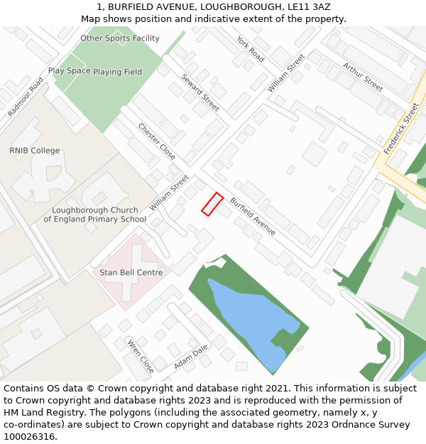 1, BURFIELD AVENUE, LOUGHBOROUGH, LE11 3AZ: Location map and indicative extent of plot