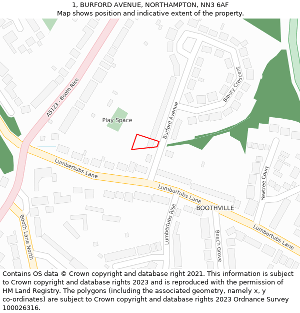1, BURFORD AVENUE, NORTHAMPTON, NN3 6AF: Location map and indicative extent of plot