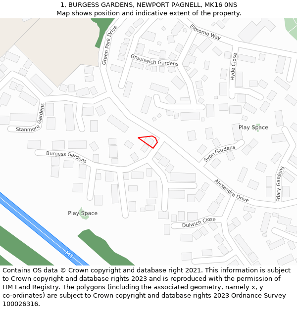 1, BURGESS GARDENS, NEWPORT PAGNELL, MK16 0NS: Location map and indicative extent of plot