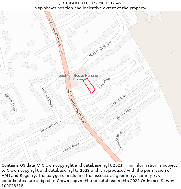 1, BURGHFIELD, EPSOM, KT17 4ND: Location map and indicative extent of plot