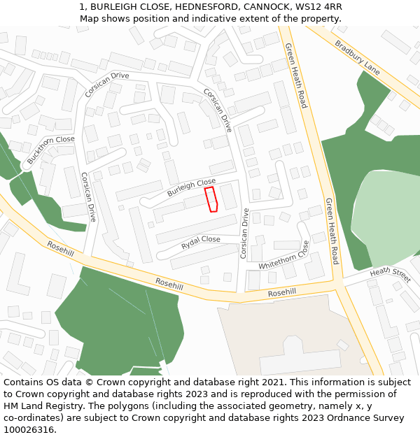 1, BURLEIGH CLOSE, HEDNESFORD, CANNOCK, WS12 4RR: Location map and indicative extent of plot