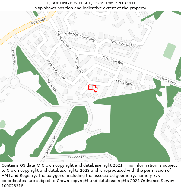 1, BURLINGTON PLACE, CORSHAM, SN13 9EH: Location map and indicative extent of plot