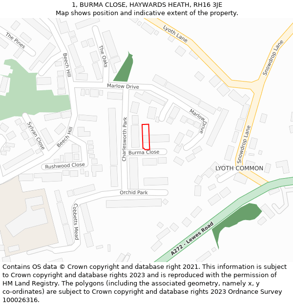 1, BURMA CLOSE, HAYWARDS HEATH, RH16 3JE: Location map and indicative extent of plot