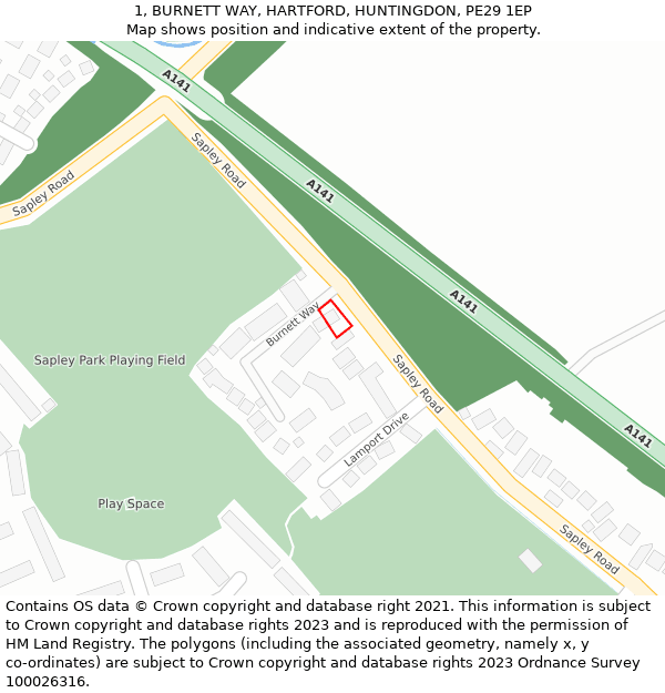 1, BURNETT WAY, HARTFORD, HUNTINGDON, PE29 1EP: Location map and indicative extent of plot