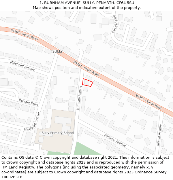 1, BURNHAM AVENUE, SULLY, PENARTH, CF64 5SU: Location map and indicative extent of plot