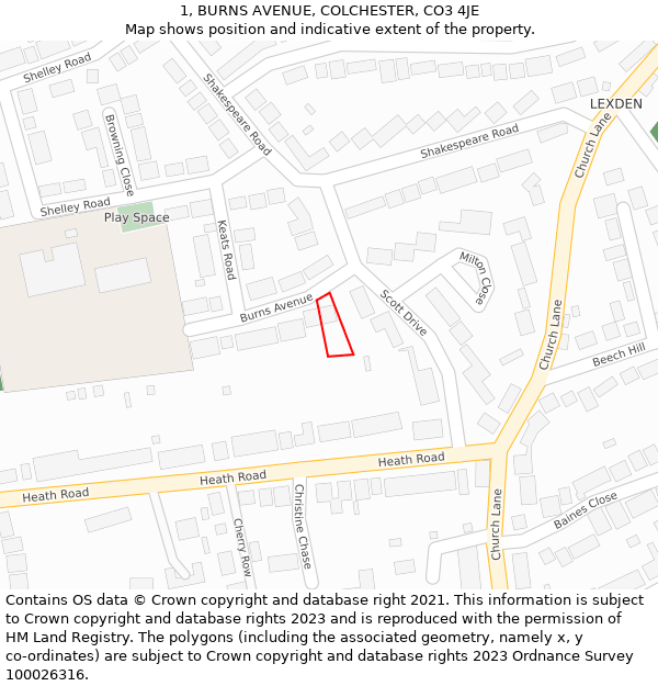1, BURNS AVENUE, COLCHESTER, CO3 4JE: Location map and indicative extent of plot