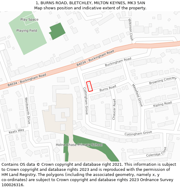 1, BURNS ROAD, BLETCHLEY, MILTON KEYNES, MK3 5AN: Location map and indicative extent of plot