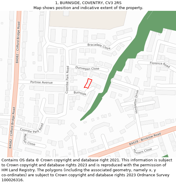 1, BURNSIDE, COVENTRY, CV3 2RS: Location map and indicative extent of plot