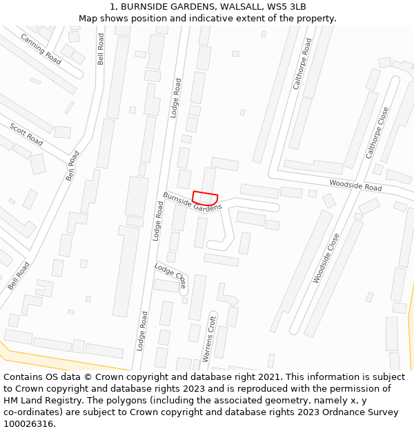 1, BURNSIDE GARDENS, WALSALL, WS5 3LB: Location map and indicative extent of plot