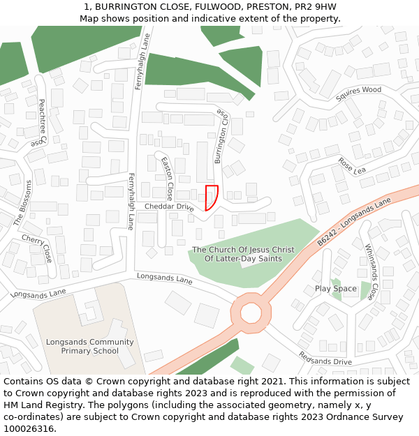 1, BURRINGTON CLOSE, FULWOOD, PRESTON, PR2 9HW: Location map and indicative extent of plot