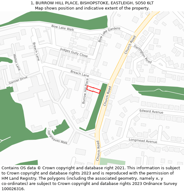 1, BURROW HILL PLACE, BISHOPSTOKE, EASTLEIGH, SO50 6LT: Location map and indicative extent of plot