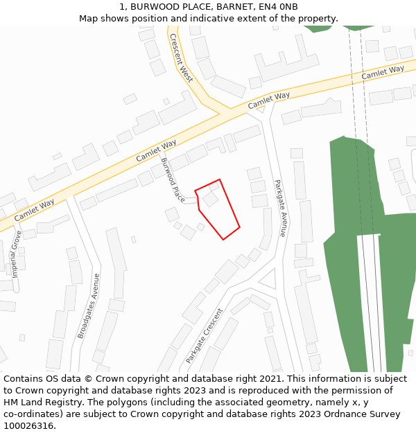 1, BURWOOD PLACE, BARNET, EN4 0NB: Location map and indicative extent of plot