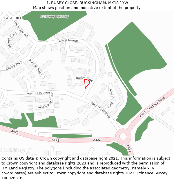 1, BUSBY CLOSE, BUCKINGHAM, MK18 1YW: Location map and indicative extent of plot