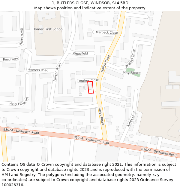 1, BUTLERS CLOSE, WINDSOR, SL4 5RD: Location map and indicative extent of plot
