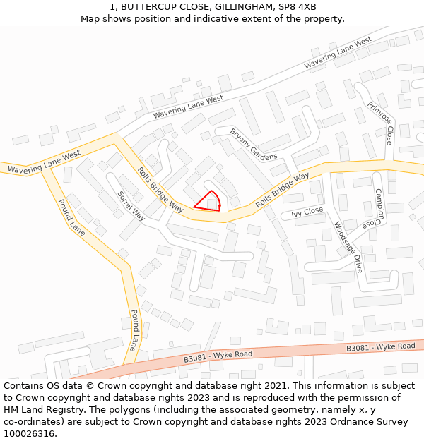 1, BUTTERCUP CLOSE, GILLINGHAM, SP8 4XB: Location map and indicative extent of plot