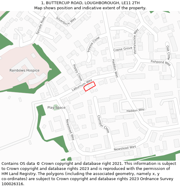 1, BUTTERCUP ROAD, LOUGHBOROUGH, LE11 2TH: Location map and indicative extent of plot