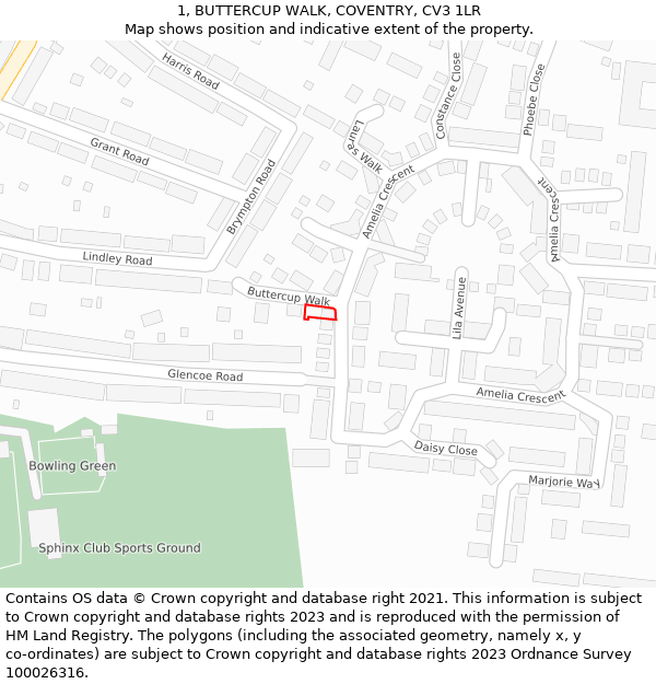 1, BUTTERCUP WALK, COVENTRY, CV3 1LR: Location map and indicative extent of plot