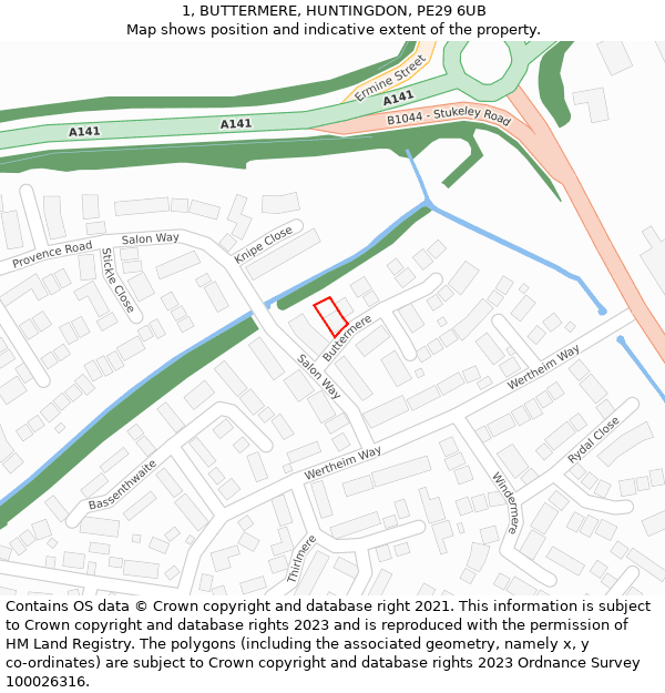 1, BUTTERMERE, HUNTINGDON, PE29 6UB: Location map and indicative extent of plot