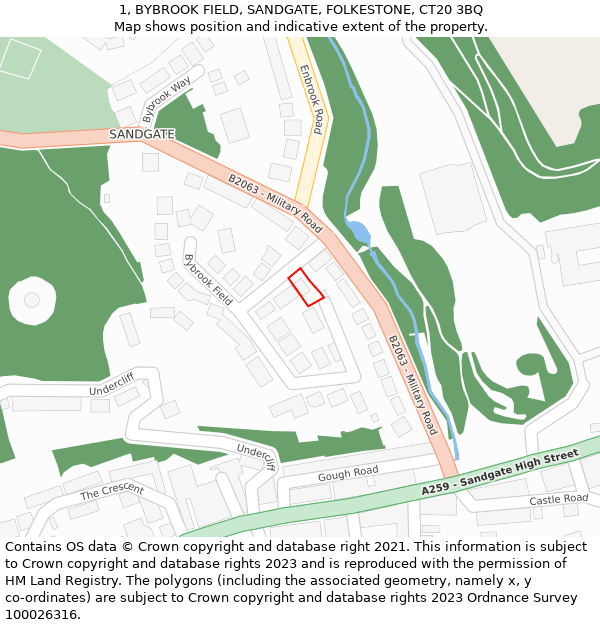 1, BYBROOK FIELD, SANDGATE, FOLKESTONE, CT20 3BQ: Location map and indicative extent of plot