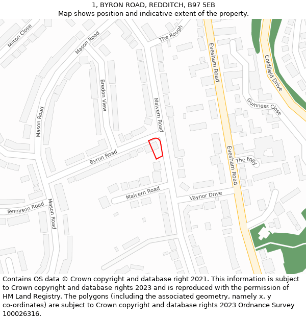 1, BYRON ROAD, REDDITCH, B97 5EB: Location map and indicative extent of plot