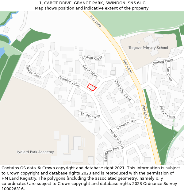 1, CABOT DRIVE, GRANGE PARK, SWINDON, SN5 6HG: Location map and indicative extent of plot