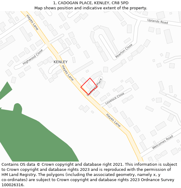 1, CADOGAN PLACE, KENLEY, CR8 5PD: Location map and indicative extent of plot
