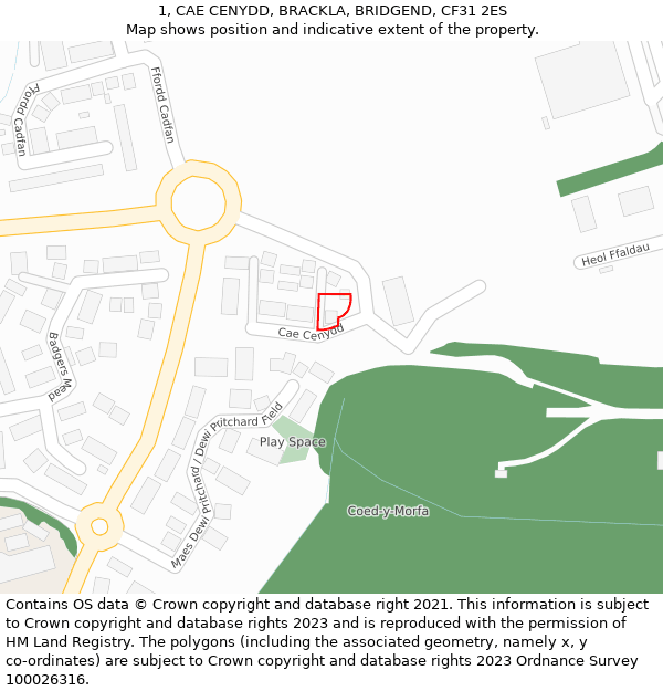 1, CAE CENYDD, BRACKLA, BRIDGEND, CF31 2ES: Location map and indicative extent of plot