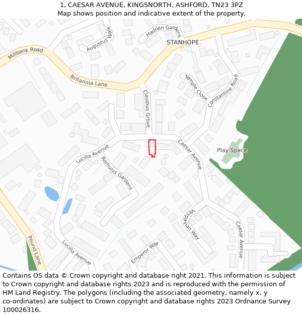 1, CAESAR AVENUE, KINGSNORTH, ASHFORD, TN23 3PZ: Location map and indicative extent of plot