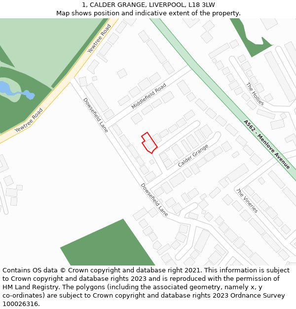 1, CALDER GRANGE, LIVERPOOL, L18 3LW: Location map and indicative extent of plot