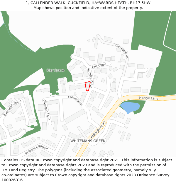 1, CALLENDER WALK, CUCKFIELD, HAYWARDS HEATH, RH17 5HW: Location map and indicative extent of plot