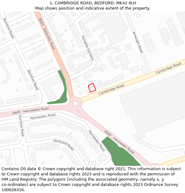 1, CAMBRIDGE ROAD, BEDFORD, MK42 0LH: Location map and indicative extent of plot