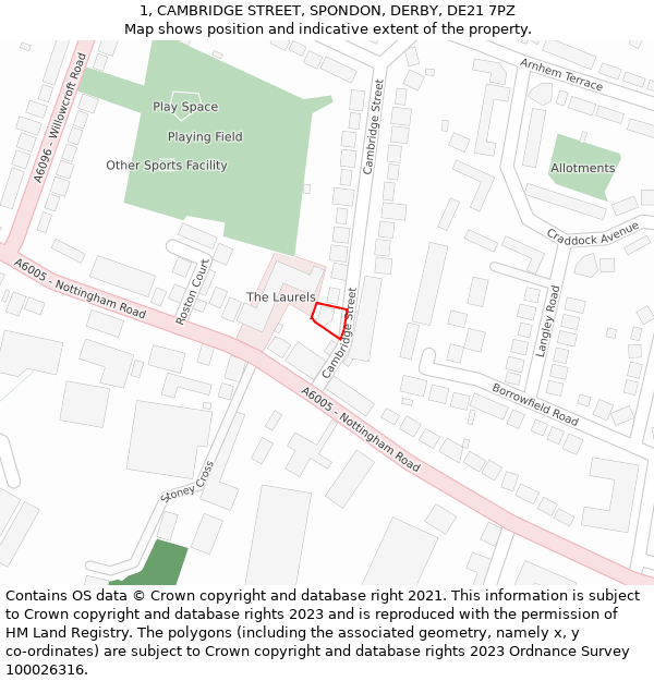 1, CAMBRIDGE STREET, SPONDON, DERBY, DE21 7PZ: Location map and indicative extent of plot