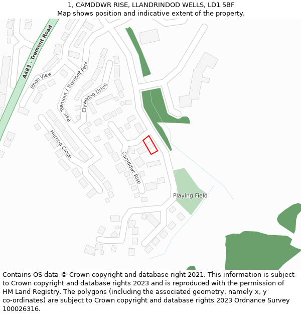 1, CAMDDWR RISE, LLANDRINDOD WELLS, LD1 5BF: Location map and indicative extent of plot